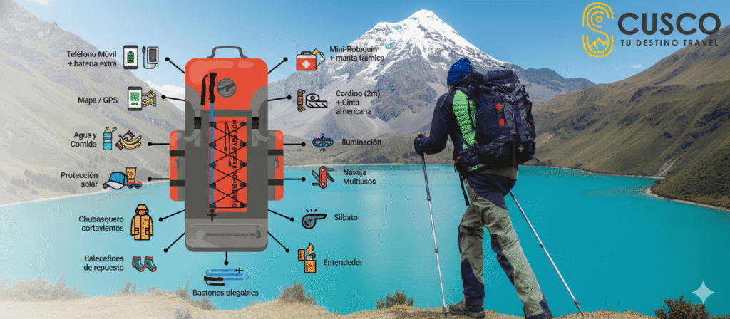 Qué llevar a la Laguna Humantay
1. Ropa adecuada:
Casaca abrigadora o polar, ya que el clima en la laguna es frío y puede cambiar rápidamente.
Chaqueta impermeable o poncho para lluvia, especialmente entre noviembre y abril.
Pantalones cómodos de trekking o deportivos.
Gorro o sombrero para el sol y guantes para el frío.
2. Calzado:
Zapatillas o botas de trekking con buena tracción; el camino es empinado y puede estar resbaloso.
3. Accesorios y equipo útil:
Mochila pequeña para llevar tus pertenencias.
Lentes de sol y protector solar, la radiación solar es intensa a más de 4,000 m.s.n.m.
Bloqueador labial y toalla pequeña.
Bastones de trekking (opcionales, pero muy útiles en la subida).
4. Alimentación y agua:
Botella de agua o cantimplora (mínimo 1 litro).
Snacks energéticos como frutas secas, barras de cereal o chocolate.
5. Documentos y dinero:
Documento de identidad o pasaporte.
Dinero en efectivo, ya que no hay cajeros en la ruta (para baños, bebidas o recuerdos).
6. Extras recomendados:
Cámara fotográfica o celular con batería cargada.
Ropa de cambio, por si llueve.