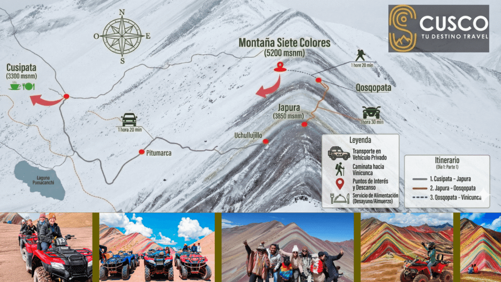 "Recorrido turístico en cuatrimoto a la Montaña Arcoíris Vinicunca y mapa de paradas"