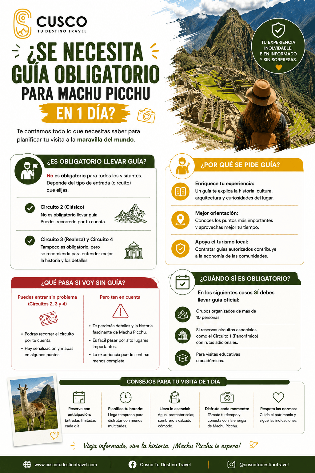 ¿Se necesita guía obligatorio para Machu Picchu en 1 día?